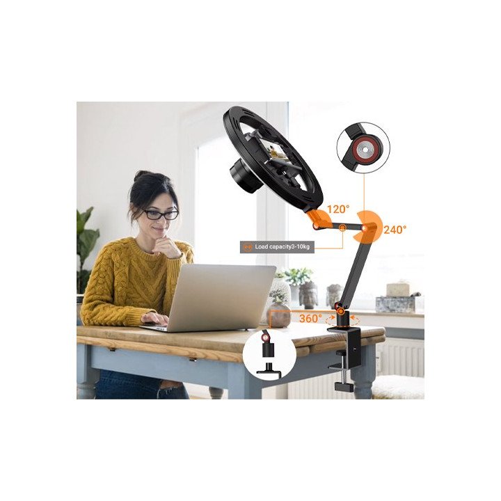 רינג לייט שולחני 10 אינץ' עם סטנד 360° לצילום - כולל מתקן לסמארטפון - 