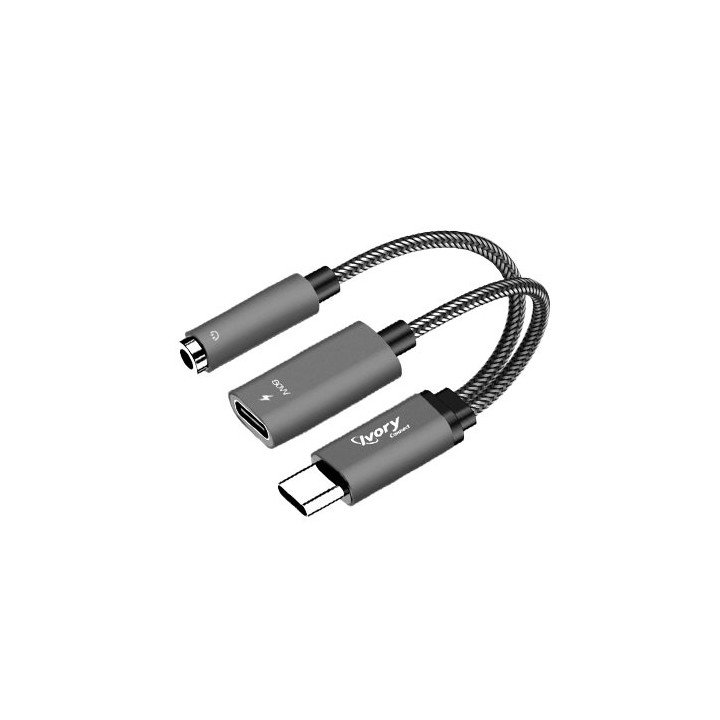מתאם אוזניות ומטען Type-C​ ל- AUX PL הספק 60W עם כניסת C לטעינה - Ivor
