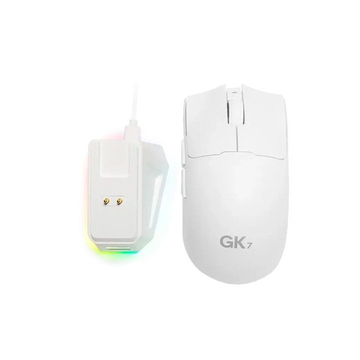 עכבר גיימינג אלחוטי נטען עם תאורת  GK7  RGB כולל בסיס טעינה, בצבע לבן