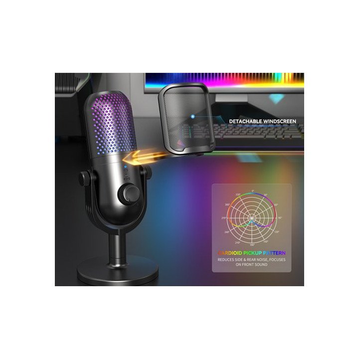 מיקרופון גיימינג קונדנסר - תאורת RGB חיבור USB-C וכניסה לאוזניות  - Iv