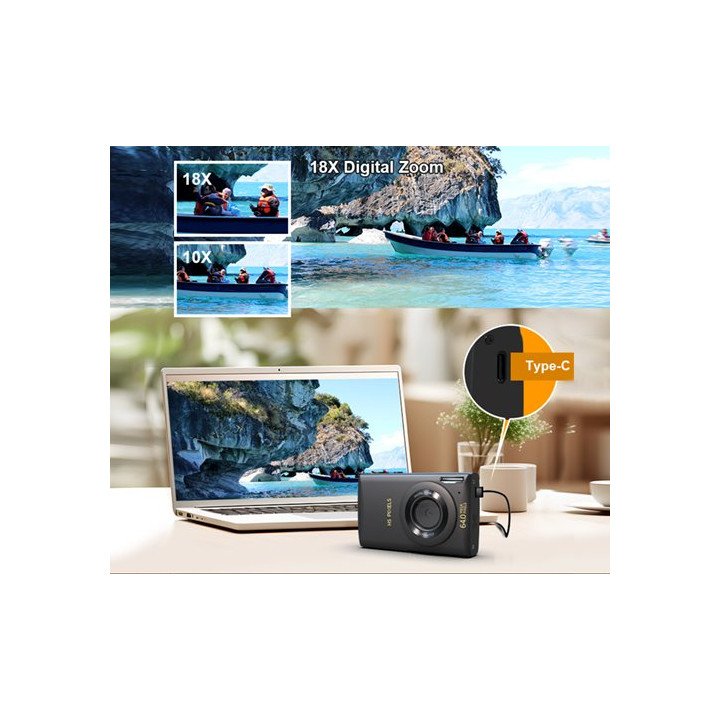 מצלמה דיגיטלית 64MP קומפקטית - וידאו 4K, מסך 2.8 אינץ, זום דיגיטלי x16