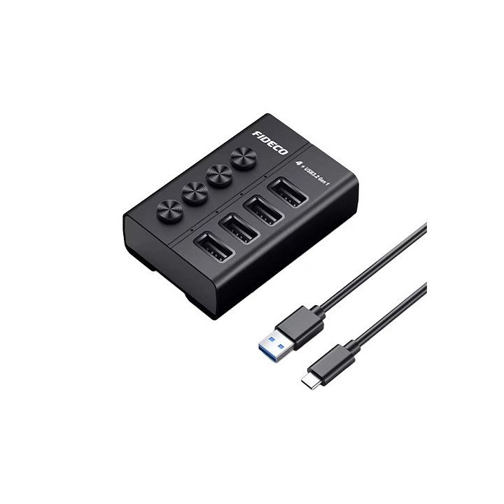 מפצל USB 3.2 עם 4 יציאות - כולל ספק כח - עם מתגי הפעלה ליציאות - FIDEC