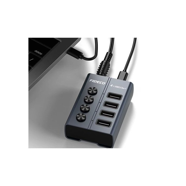 מפצל USB 3.2 עם 4 יציאות - כולל ספק כח - עם מתגי הפעלה ליציאות - FIDEC
