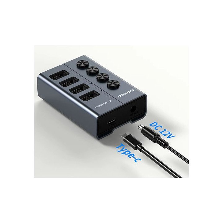 מפצל USB 3.2 עם 4 יציאות - כולל ספק כח - עם מתגי הפעלה ליציאות - FIDEC
