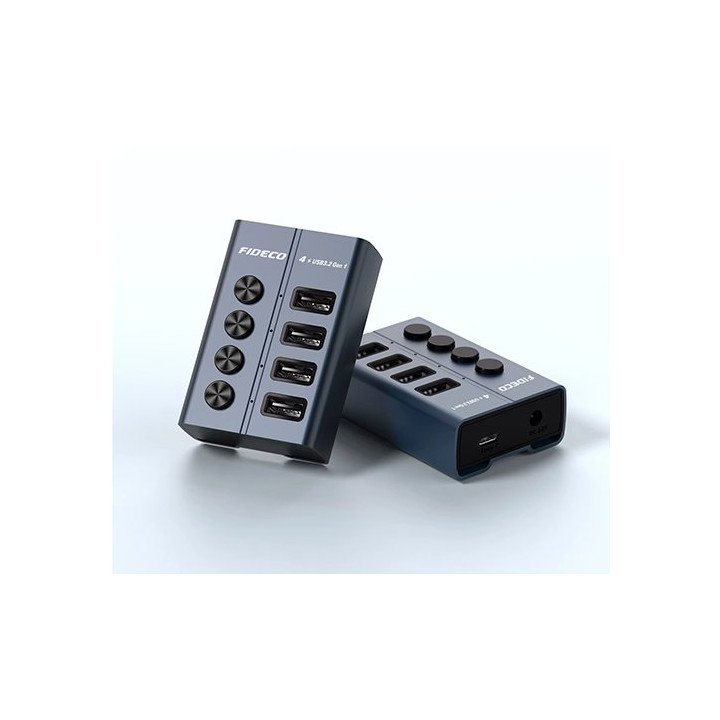 מפצל USB 3.2 עם 4 יציאות - כולל ספק כח - עם מתגי הפעלה ליציאות - FIDEC