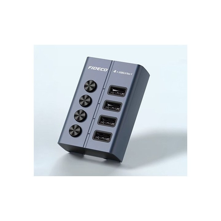 מפצל USB 3.2 עם 4 יציאות - כולל ספק כח - עם מתגי הפעלה ליציאות - FIDEC