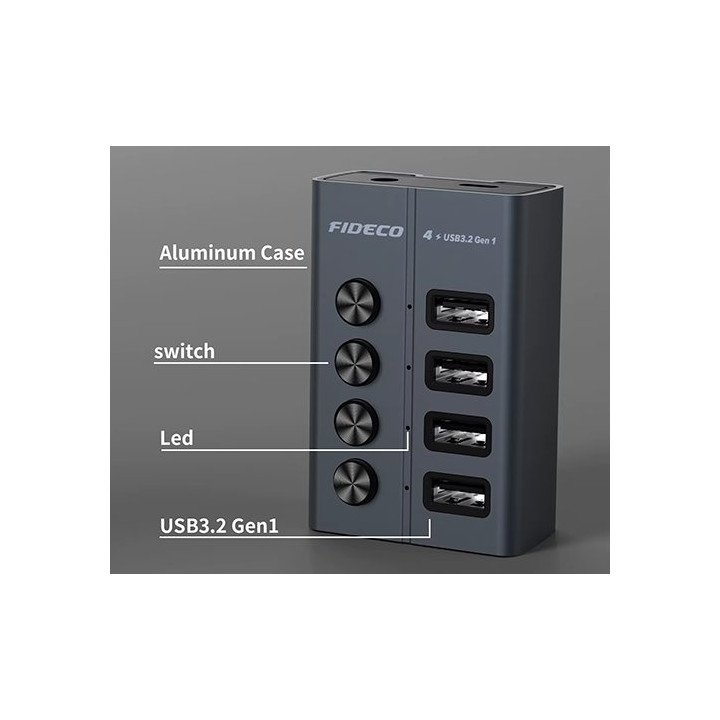 מפצל USB 3.2 עם 4 יציאות - כולל ספק כח - עם מתגי הפעלה ליציאות - FIDEC