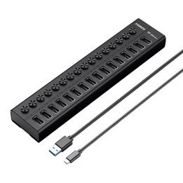 מפצל USB 3.2 עם 16 יציאות - כולל ספק כח - עם מתגי הפעלה ליציאות - FIDE