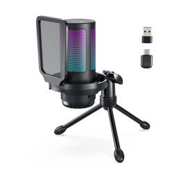 מיקרופון גיימינג אלחוטי עם תאורת RGB חיבור USB-C וכניסה לאוזניות  - Iv