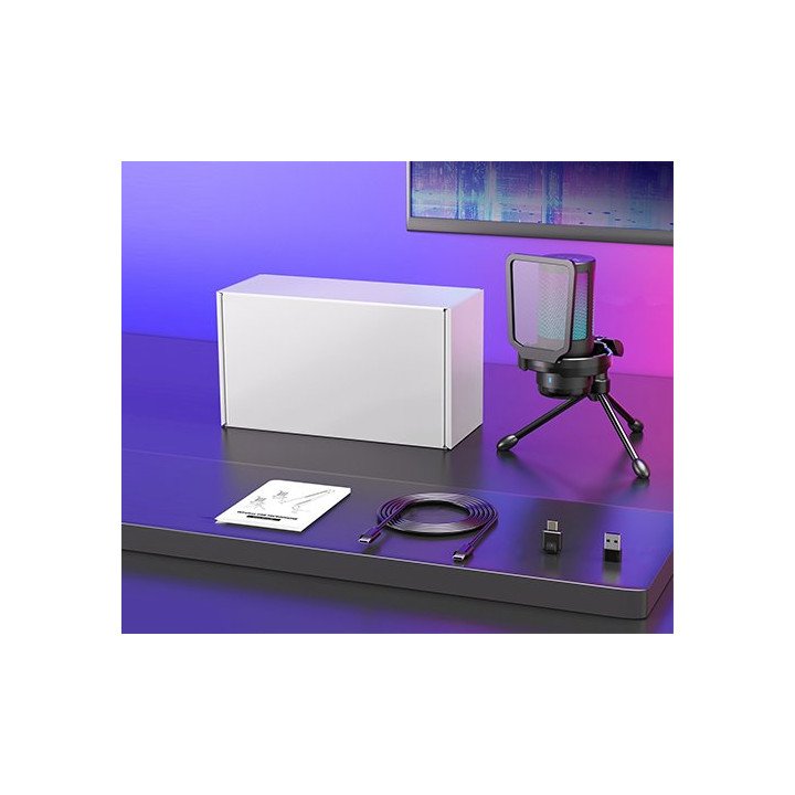מיקרופון גיימינג אלחוטי עם תאורת RGB חיבור USB-C וכניסה לאוזניות  - Iv