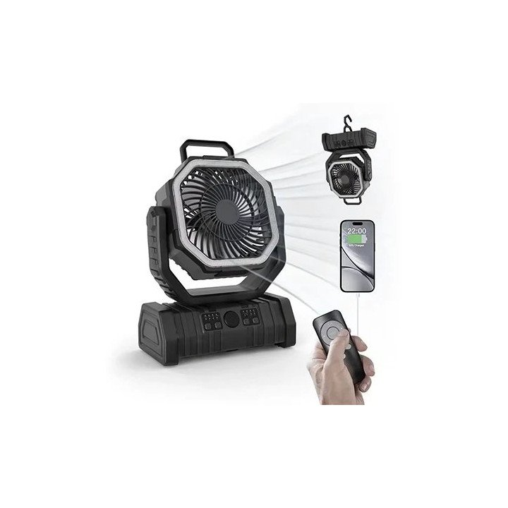 מאוורר נטען לקמפינג עם סוללת 20000mAh, תאורת LED, שלט רחוק ופונקציית מ