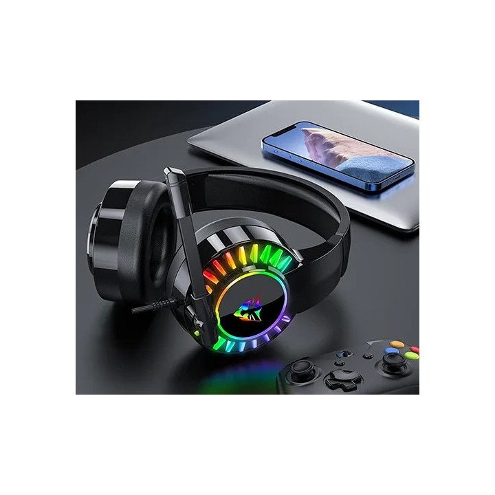 אוזניות גיימינג עם מיקרופון JW-G505 בחיבור USB בצבע שחור עם תאורת RGB