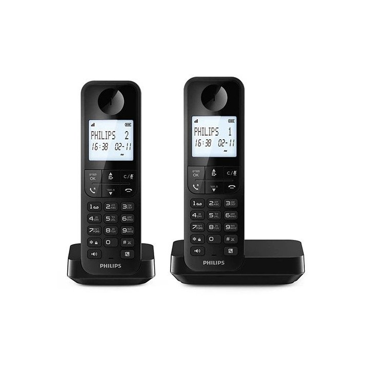 טלפון אלחוטי 2 שלוחות פיליפס Philips D2702B/25 בצבע שחור עם תפריט בעבר