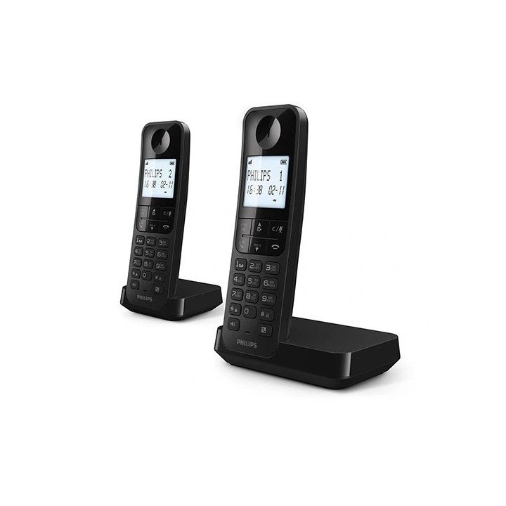 טלפון אלחוטי 2 שלוחות פיליפס Philips D2702B/25 בצבע שחור עם תפריט בעבר