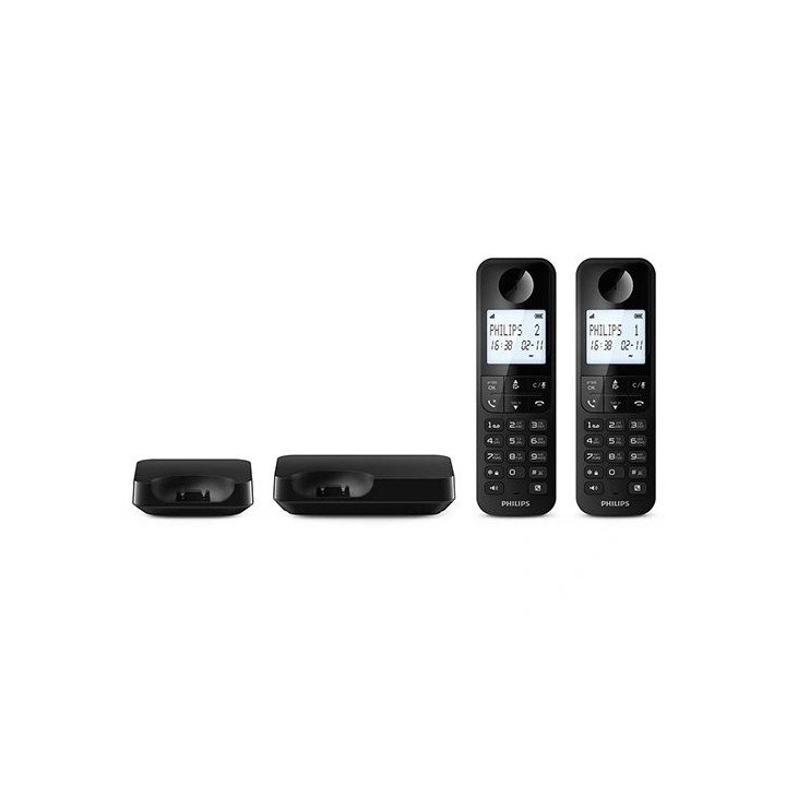 טלפון אלחוטי 2 שלוחות פיליפס Philips D2702B/25 בצבע שחור עם תפריט בעבר